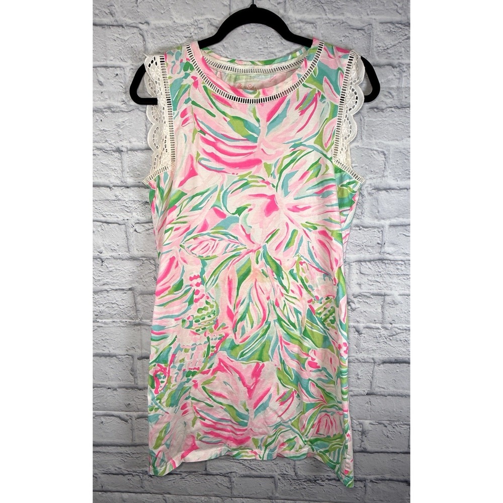 Lilly Pulitzer Agee Dress MEDIUM‎ Pink Floral Croc My World Lace Sleeveless